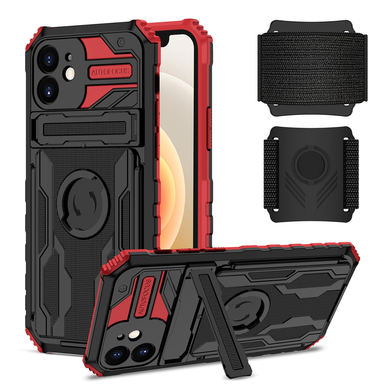 High Elastic Plastic iPhone 12 Case with Kickstand, Sports Mobile Wristband and Card Slot In Red
